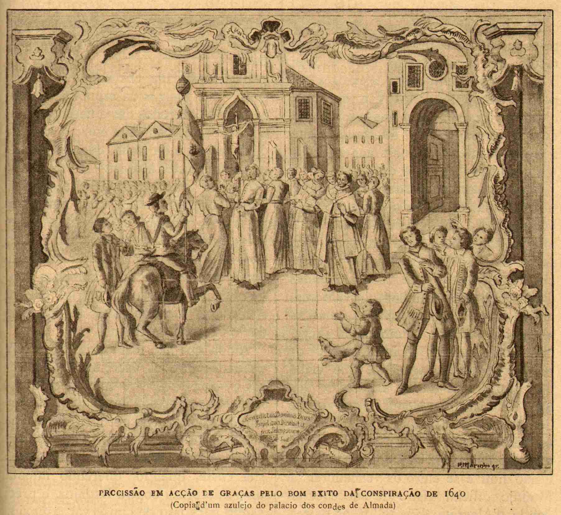 O painel azulejar da esquerda a Procissão que , no dia 1.º de Dezembro se organizou em Lisboa. Reza a lenda que o Cristo desprendeu da cruz o braço direito em sinal de concordância com os acontecimentos desse dia.